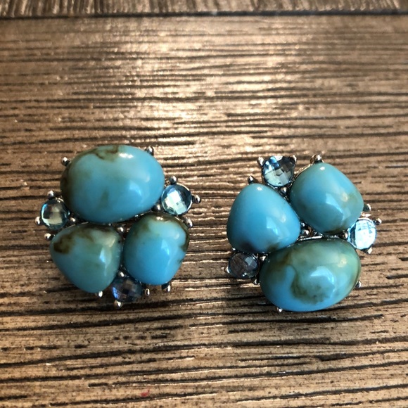Faux Turquoise Clip Earrings Rhinestone Accents - Picture 4 of 8